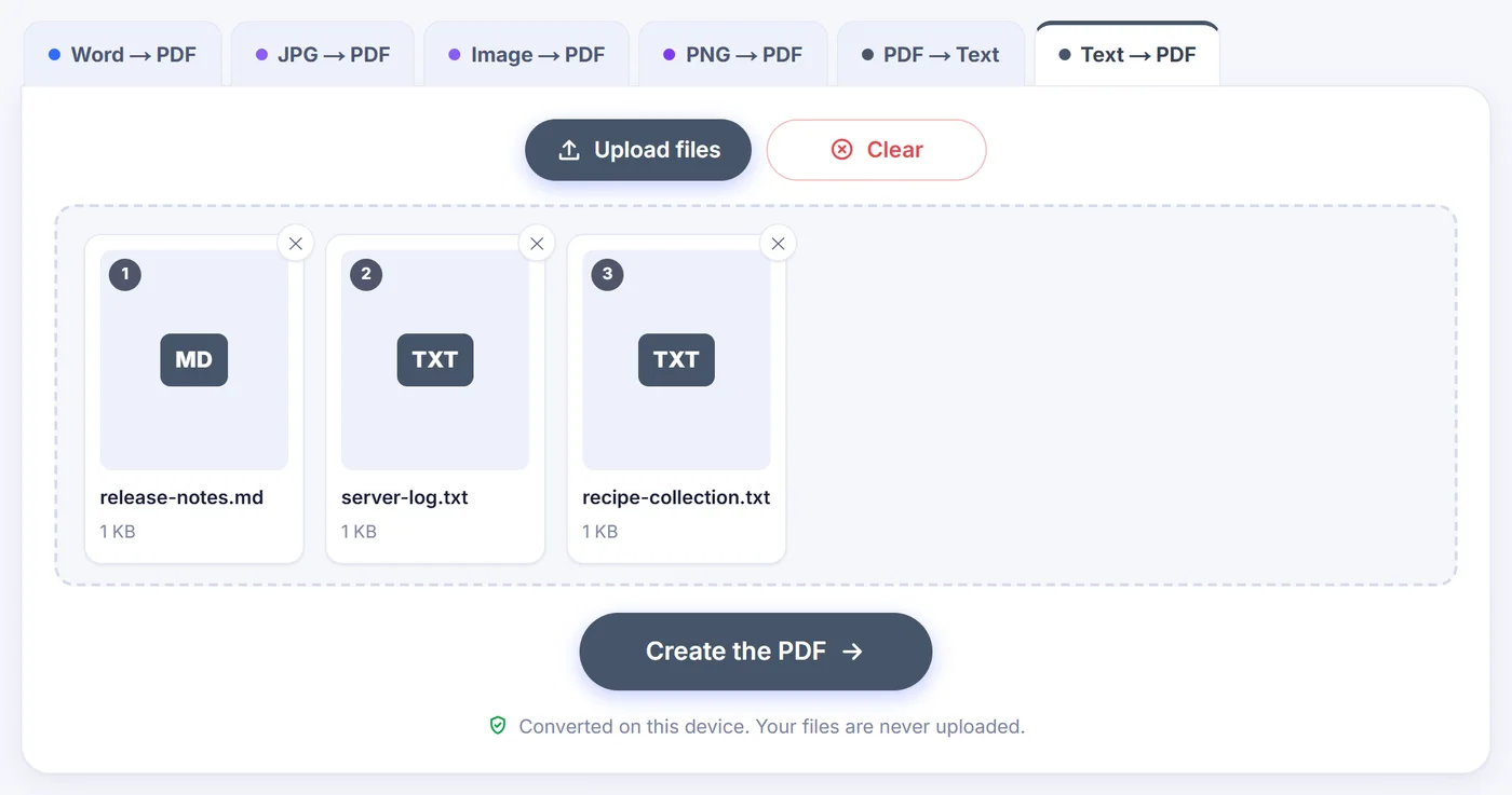 Three numbered cards named release-notes.md, server-log.txt and recipe-collection.txt, each marked MD or TXT with a 1 KB size and a remove cross